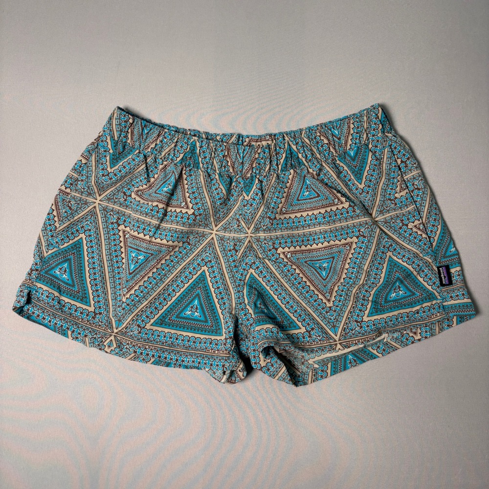 Patagonia Baggies Shorts Womens Medium Blue Geometric Triangle Print Nylon 2.5"